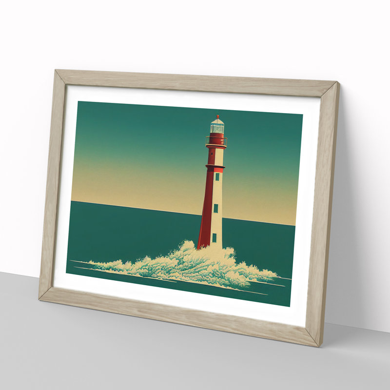 Art Deco Lighthouse Vol.2 1 Piece Single Picture Frame Wall Art, 46cm H x 64cm W x 2cm D, Oak Framed