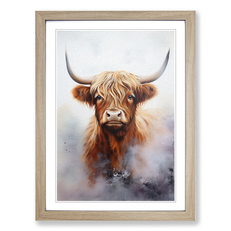 Highland Cow Informel - Single Picture Frame Print on Wood, Oak, 34cm H x 25cm W x 2cm D