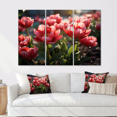 Crimson Red Tulips Sway In A Sunlit Garden - Tulips Wall Art Set