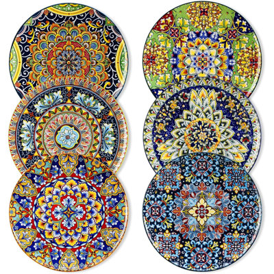 Dinner Plates Set Of 6- Ceramic Plates, Microwave, Oven And Dishwasher Safe, Colourful Bohemian Style Dishes For Kitchen