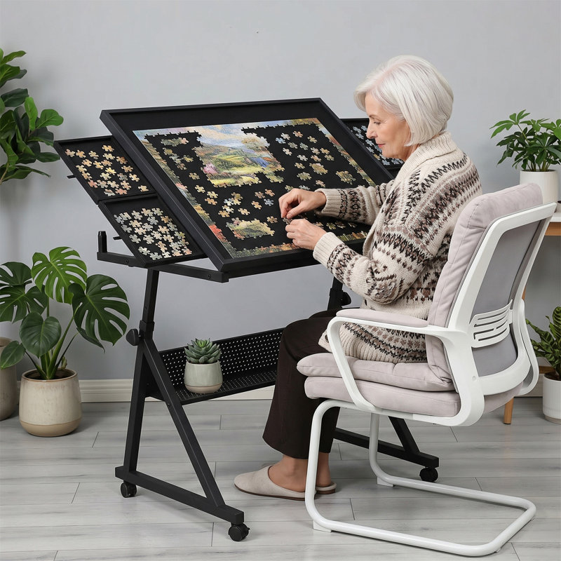 Table de casse-tête réglable en hauteur avec plateaux de rangement et housse de protection