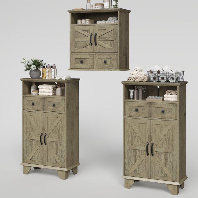 3 Piece Farmhouse Bathroom Organizer Set, Wall Mounted & Freestanding Storage Cabinets With Drawers, Barndoor Doors & Adjustable Shelves For Bathroom, Kitchen, Laundry Room