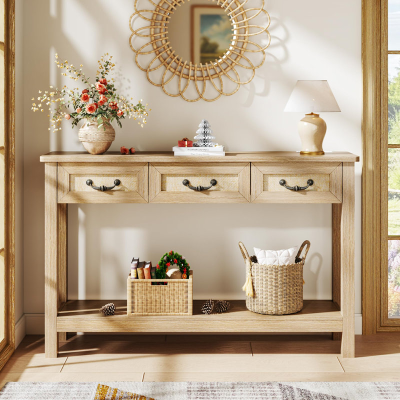 47.2" Console Table With 3 Rattan Drawers, Natural Wood