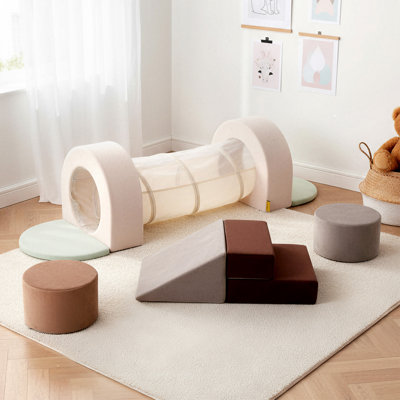 Grimpeur souple, blocs d'escalade en mousse avec tunnel, ensemble de jeu pour tout-petits 9 pièces