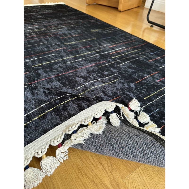 Coton imprimé rayé noir Toscana Tapis chenille antidérapant, Rectangle 3 pi 11 po x 6 pi 7 po