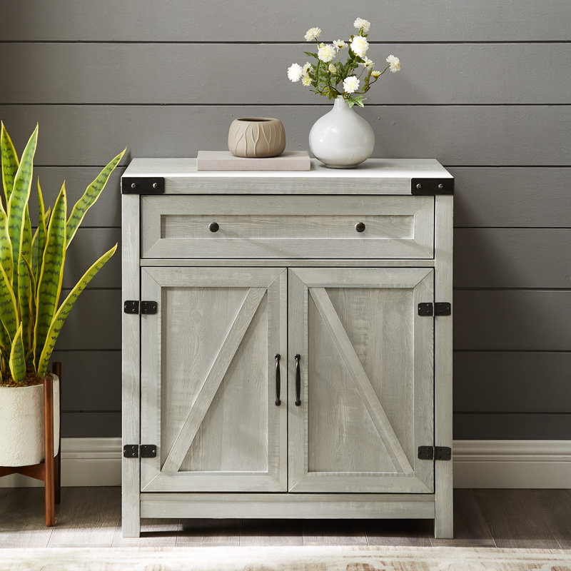 Marckson Barn Door Accent Cabinet with Drawer Storage, Stone Gray