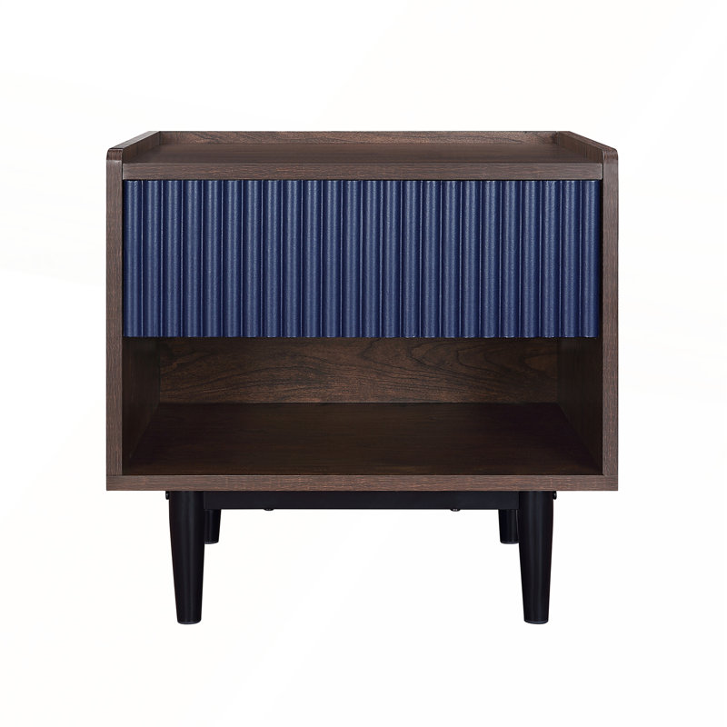 Table de chevet Mid-Century moderne avec tiroir pleine extension et tablette bleu marine Duane, Brun foncé / bleu marine