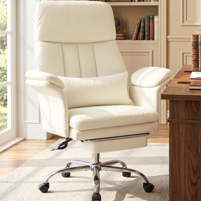 Fauteuil de direction ergonomique en similicuir avec repose-pieds et accoudoirs à double épaisseur, Blanc