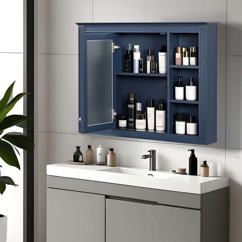 Elin 35 po L 27,5 po H Grande armoire à pharmacie rectangulaire à fixation en surface avec miroir, Bleu