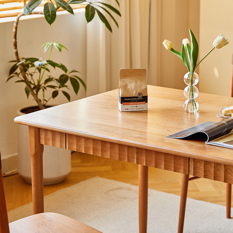 Simple Cherry Wood Drawer Storage Dining Table Set, 29.52"H x 70.86"L x 33.46"W