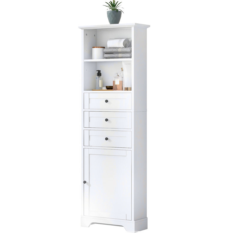 White Tall Bathroom Storage Cabinet with Adjustable Shelves and Drawers