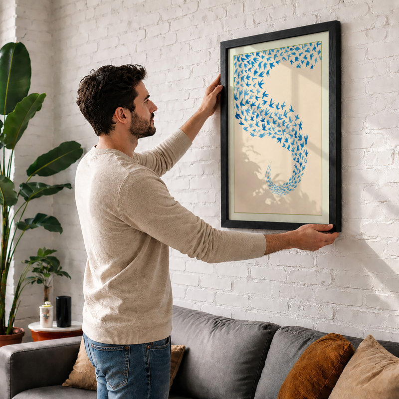 Flowing Geometry Birds Minimalist - Print, A2 - 59.4 x 42.0 cm, Oak