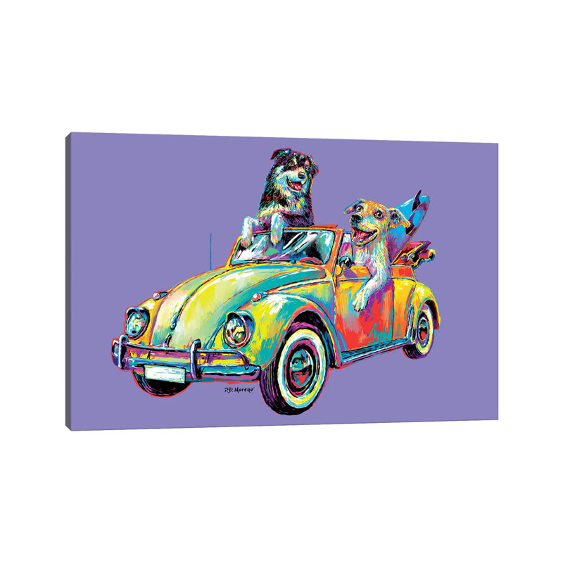 Couple voiture en mauve par P.D. Moreno - peinture sur toile tendue, H 12 po x l 18 po x 1,5 po