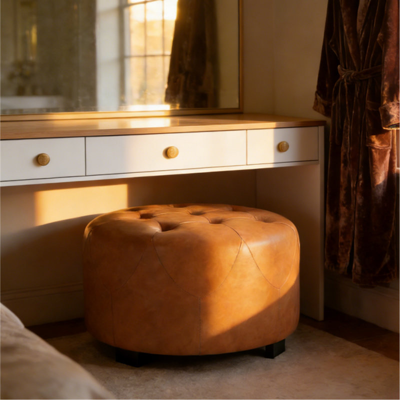 Upholstered Button Tufted Round Ottoman, PU, Orange Brown,Small version
