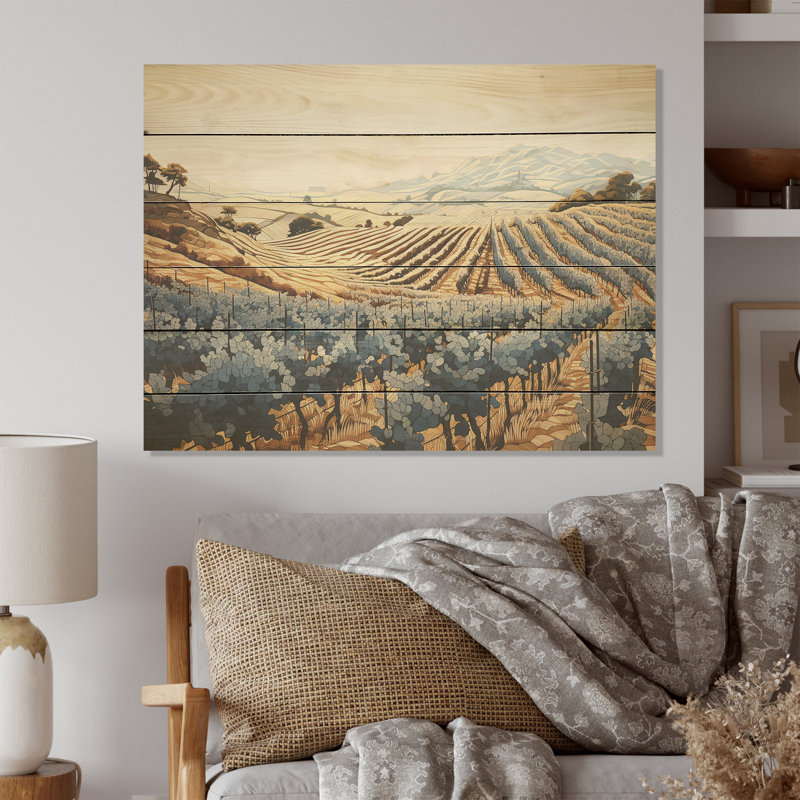 Minimalism Vineyard Dreamscape - Vineyard Wood Panel Wall Art On Natural Pine Wood, 24" H x 32" W