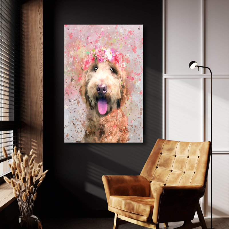 Art mural en verre épique «Flower Crown Goldendoodle 3» par Furbaby Affiliates, H 36 po x l 24 po x P 0,2 po