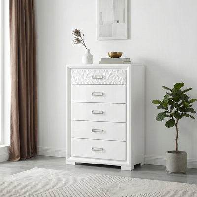 Contemporary Pearl White Finish Tall Chest w Storage Drawers Glamorous Pattern Bedroom Furniture 1pc Tall Dresser