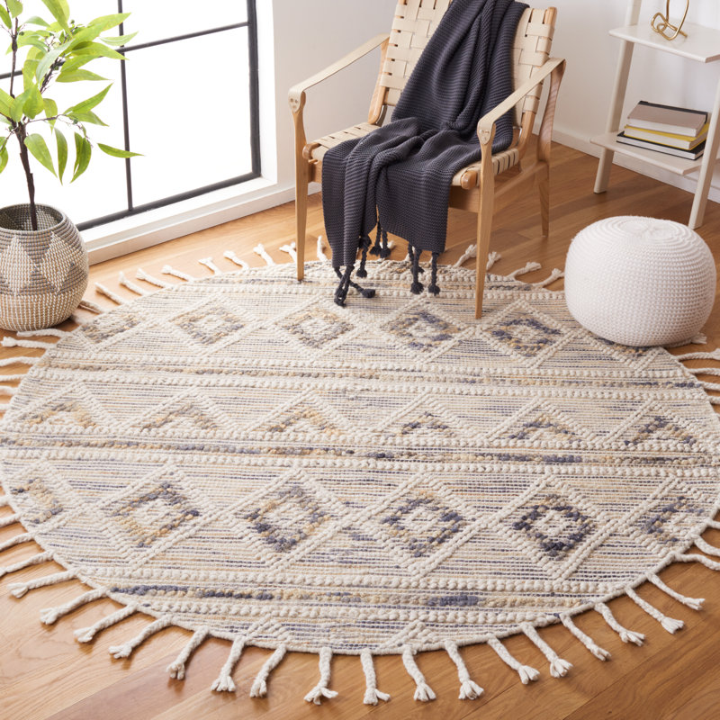 Tapis géométrique en laine / jute / coton tissé à la main Natura en ivoire / gris, Rond 6 pi