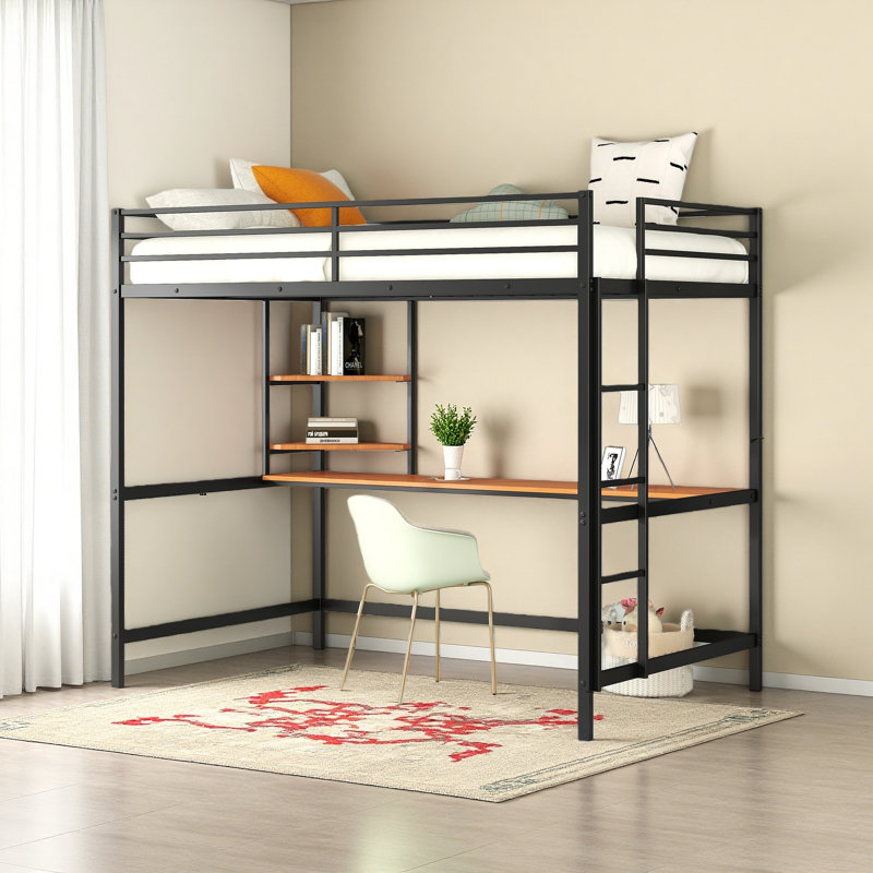Lit mezzanine en métal avec bureau et tablette, Noir, Lit double