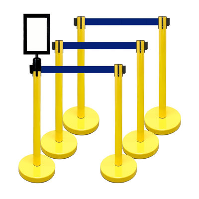 36" Retractable Belt Queue Safety Stanchion Barrier (6 Posts w/78" Blue Belt+SF+W Receiver)