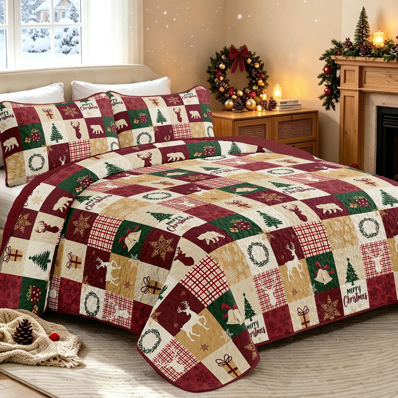 Christmas Patchwork 3-Piece Coverlet Set, King