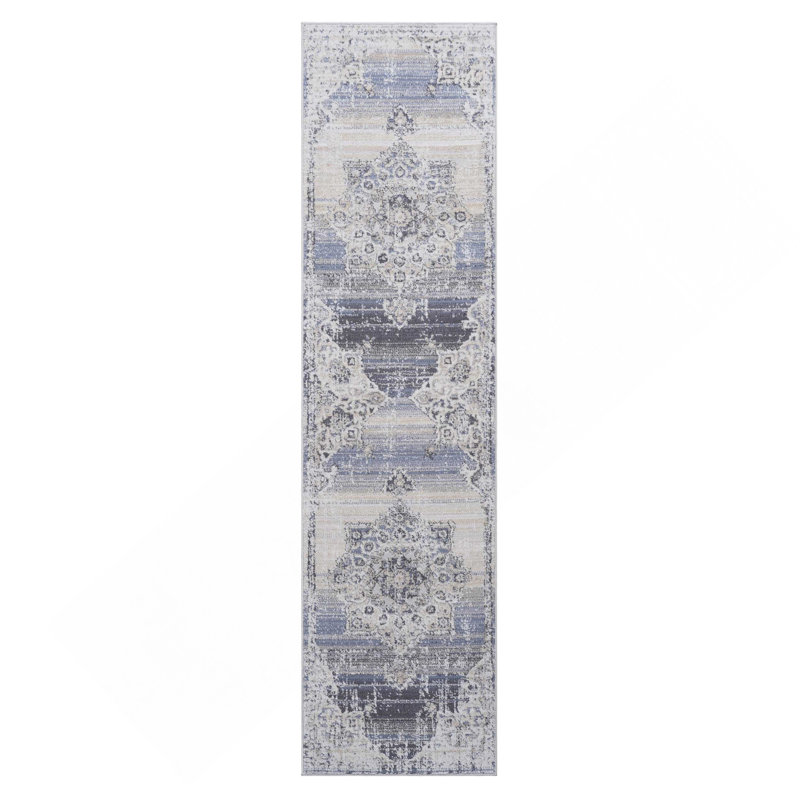 2'x8' Cream Blue Medallion Pattern Runner Rug, Runner 2'2" x 8'