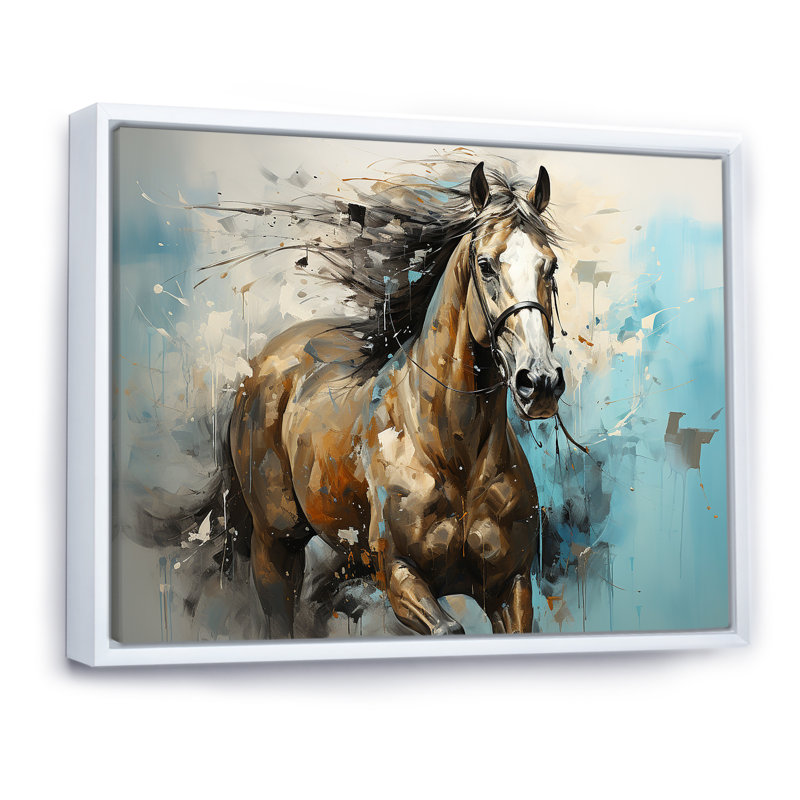 Cheval galopant fantaisiste - cheval, art mural, Cadre flottant blanc, H 34 po x l 44 po x P 1,5 po