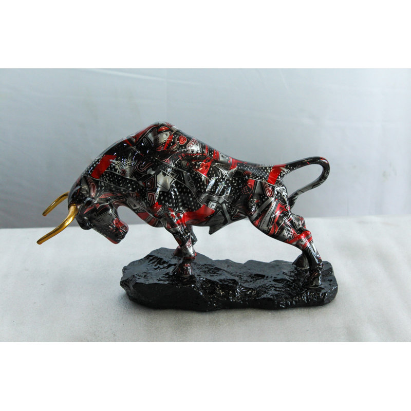 Statue de taureau en résine Nifao - sculpture de taureau multicolore tourbillonnant intérieur / extérieur, design abstrait jaune, bleu, rouge et violet avec cornes dorées sur base noir brillant pour les maisons, bureaux 14 po x 4 po x 9 po