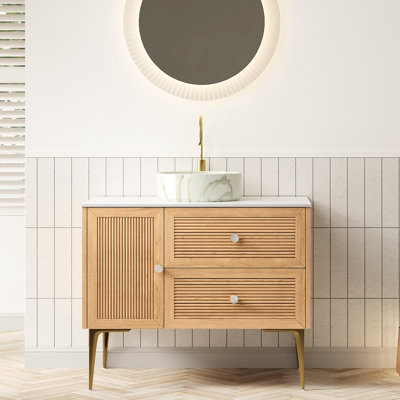 Meuble-lavabo 36 po en chêne, autoportant avec 4 pieds en métal et 2 tiroirs avec lavabo en céramique de haute qualité, système de fermeture en douceur