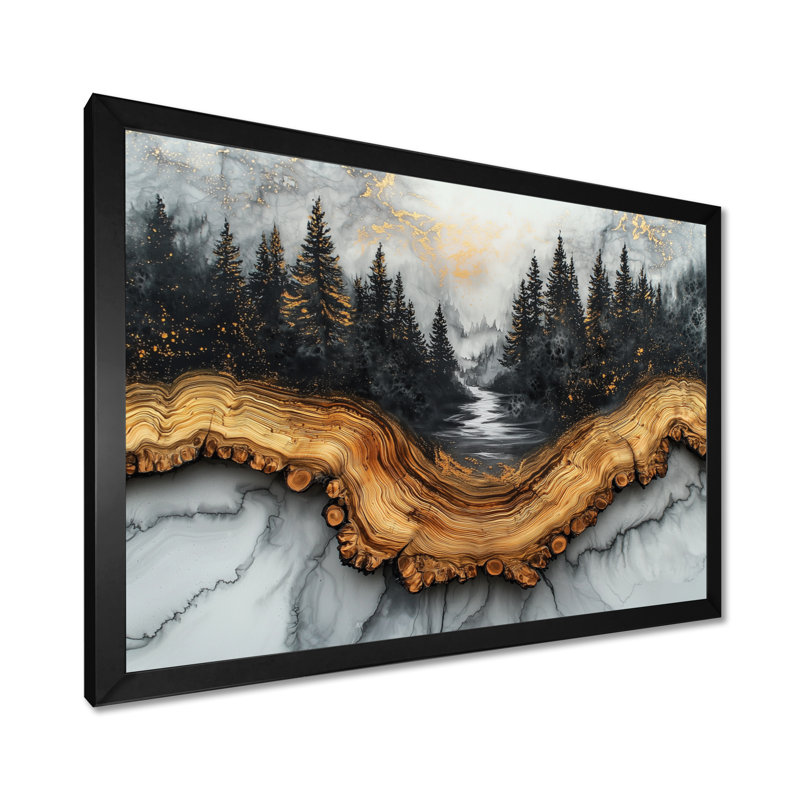 Paysage hivernal de forêt avec rivière en cristal II - forêt, art mural, Cadre simple, Noir, H 12 po x l 20 po
