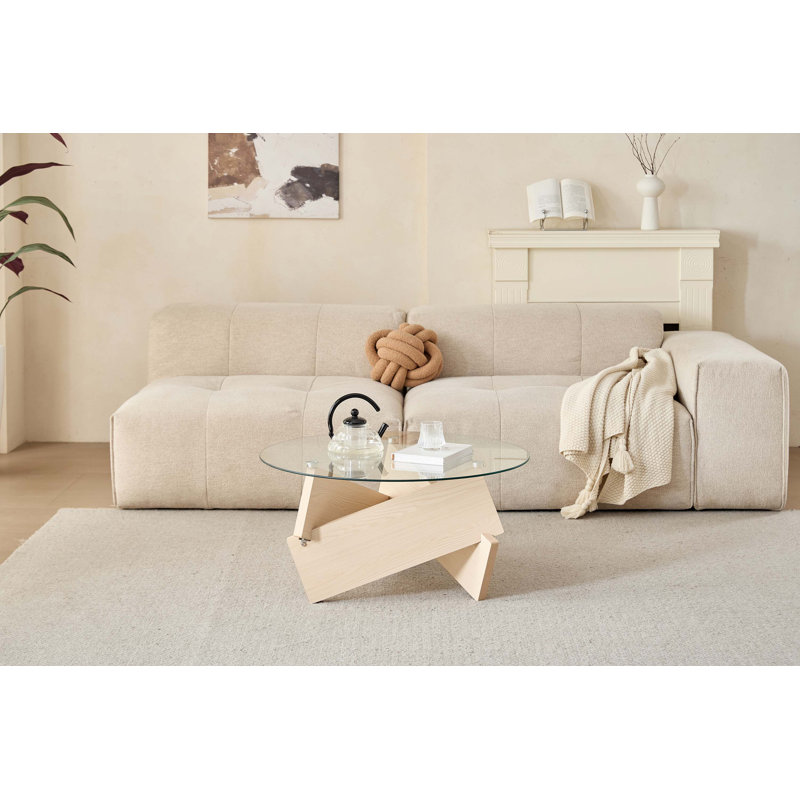 Table basse moderne avec plateau en verre trempé Modern, Bois naturel
