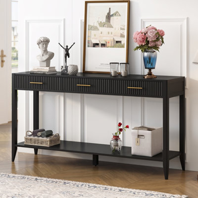 60" Farmhouse Console Table with 3 Drawers  Bottom Shelf, Painted Wooden Entryway Sofa Table with Wavy Drawer Fronts, Storage Accent Table for Living