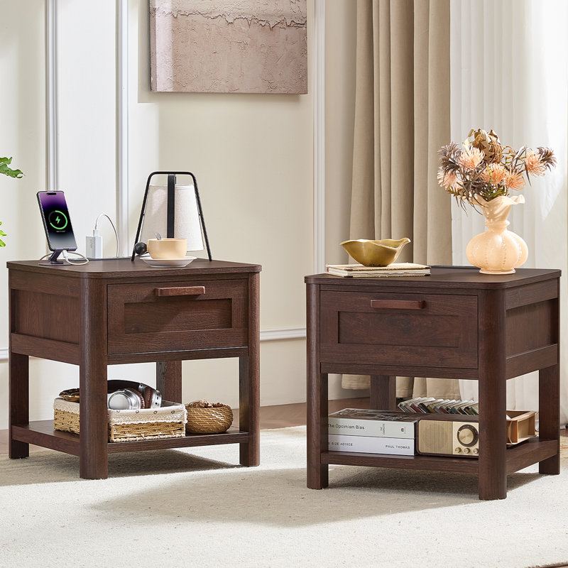 Farmhouse End Table With Charging Station,19.7" Nightstand With Drawer,Night Stand With Open Storage Shelf,Rustic Wood Bed Sofa Side Table Dresser For Bedroom, Living Room, Closet