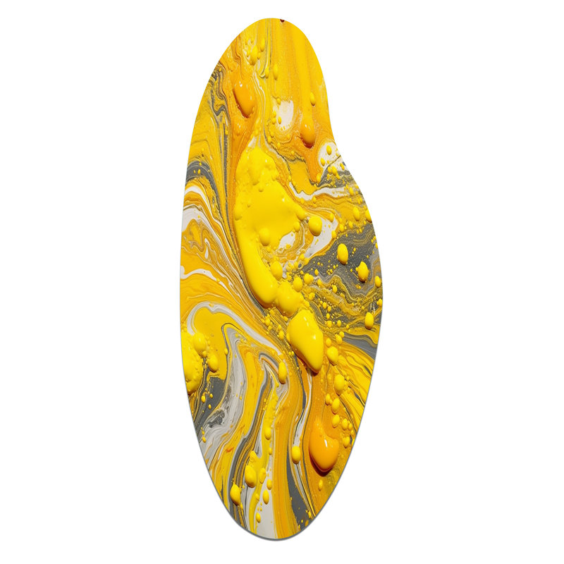 Yellow and Grey Cosmic Vibrations I - Abstract Asymmetrical Metal Wall Decor, Yellow Curved Metal Art Print