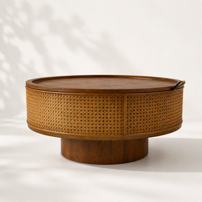 Round Rattan Drum Coffee Table with Removable Lid and Hidden Storage