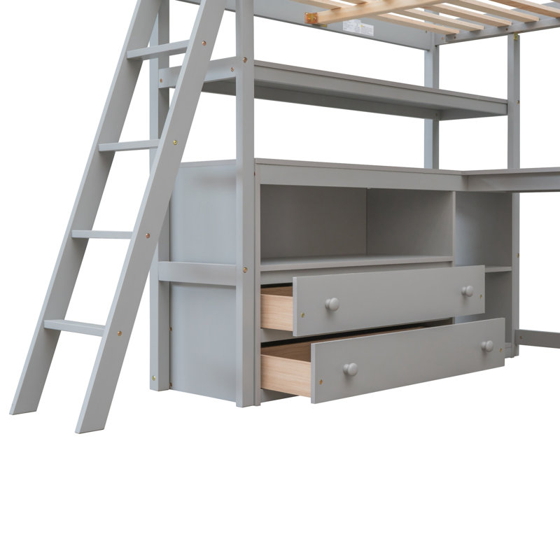 Lit mezzanine avec bureau et tablettes, Gris, Lit double