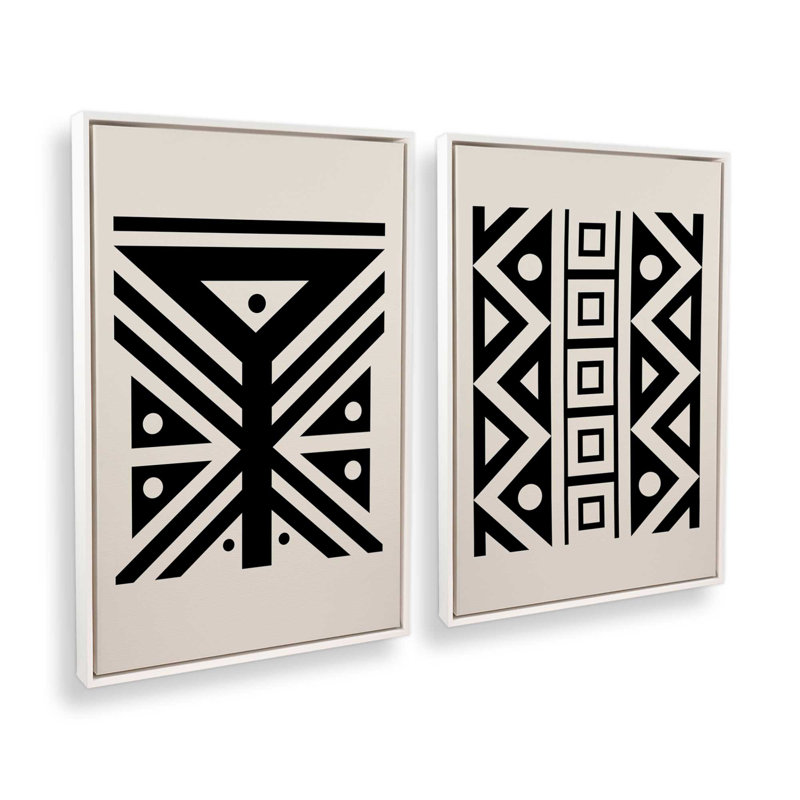 Ensemble de 2 motifs tribaux modernes en noir, Cadre flottant blanc opaque, H 19 po x l 26 po