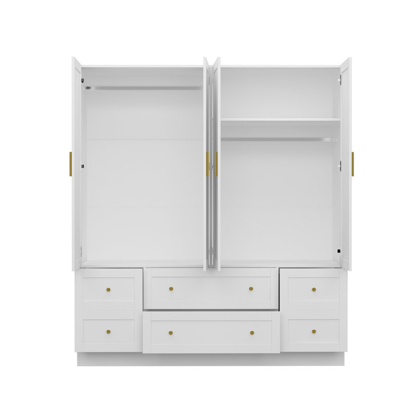 Armoire moderne à 4 portes avec rangement à tiroirs multiples et poignées dorées - Organisateur de garde-robe autoportant l 63 po