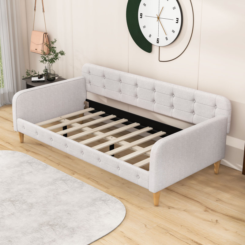 Full Upholstered Dayed With Slats And Legs, Beige, Twin