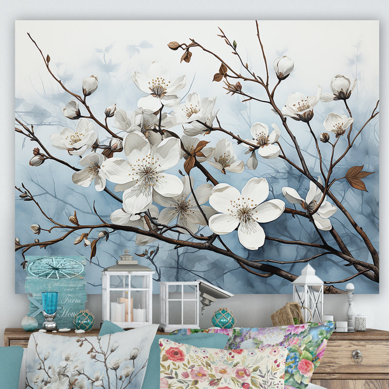 Harmonie V blanche sur cornouiller blanc sur toile, H 24 po x l 32 po x P 1 po, Toile tendue