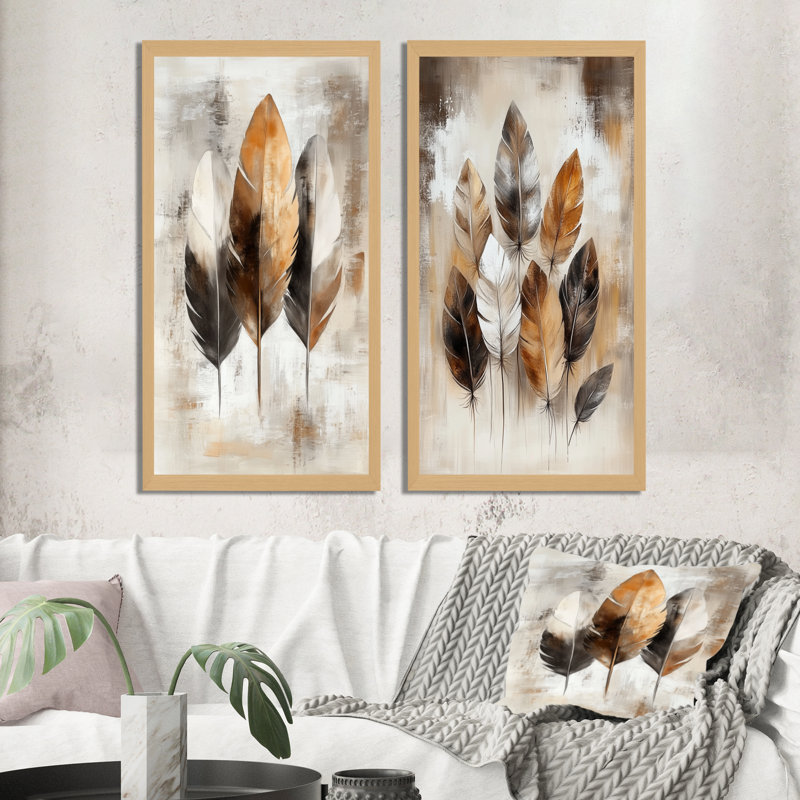 Plumes Boho Free Spirit - Ensemble de 2 impressions sur toile Boho Feather, 32" H x 32" W, Natural Picture Framed