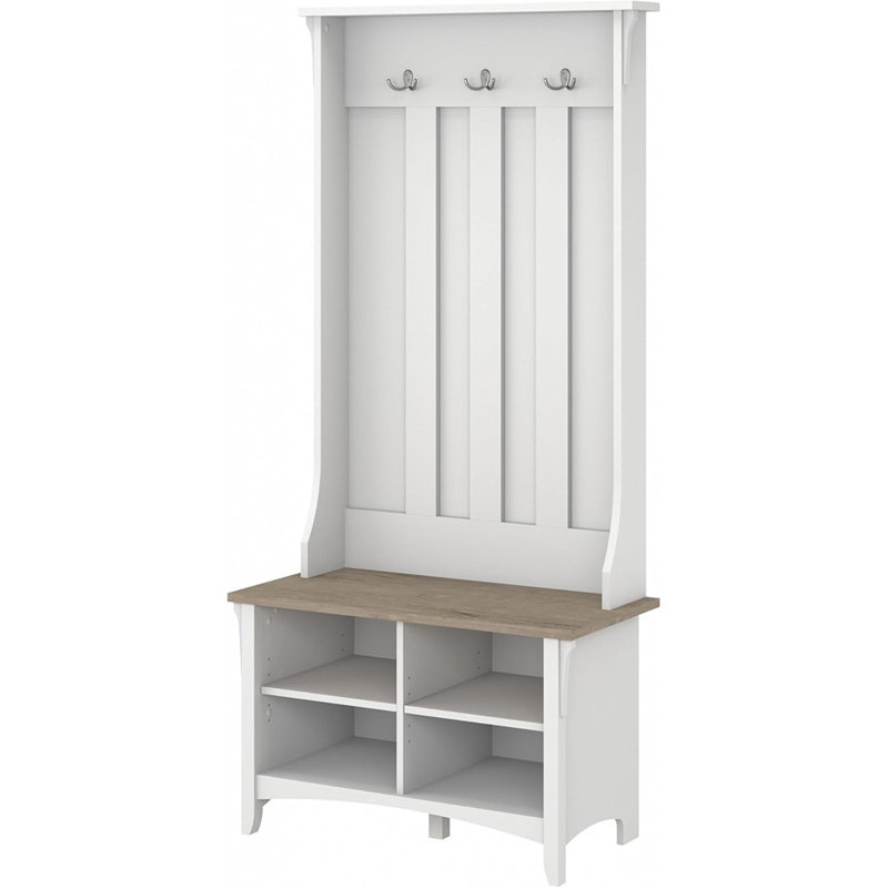 Hall Tree With Shoe Storage Bench In Shiplap Gray And Pure White, Multi-purpose Home Organizer, Entryway Solution With Seating And Hooks