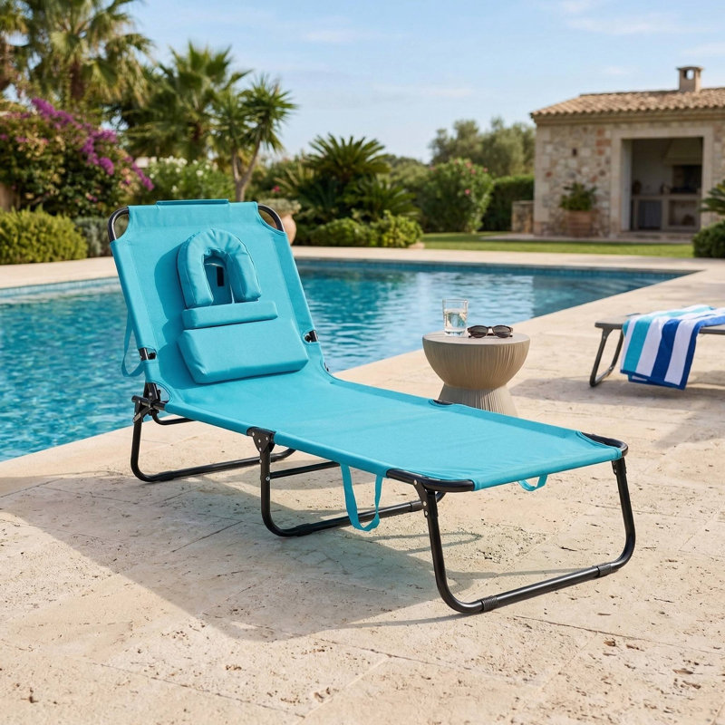 Foldable Face Down Outdoor Tanning Chair With Breathable Face Hole And 3 Removable Soft Pillows For Beach Poolside Backyard Sunbathing Use
