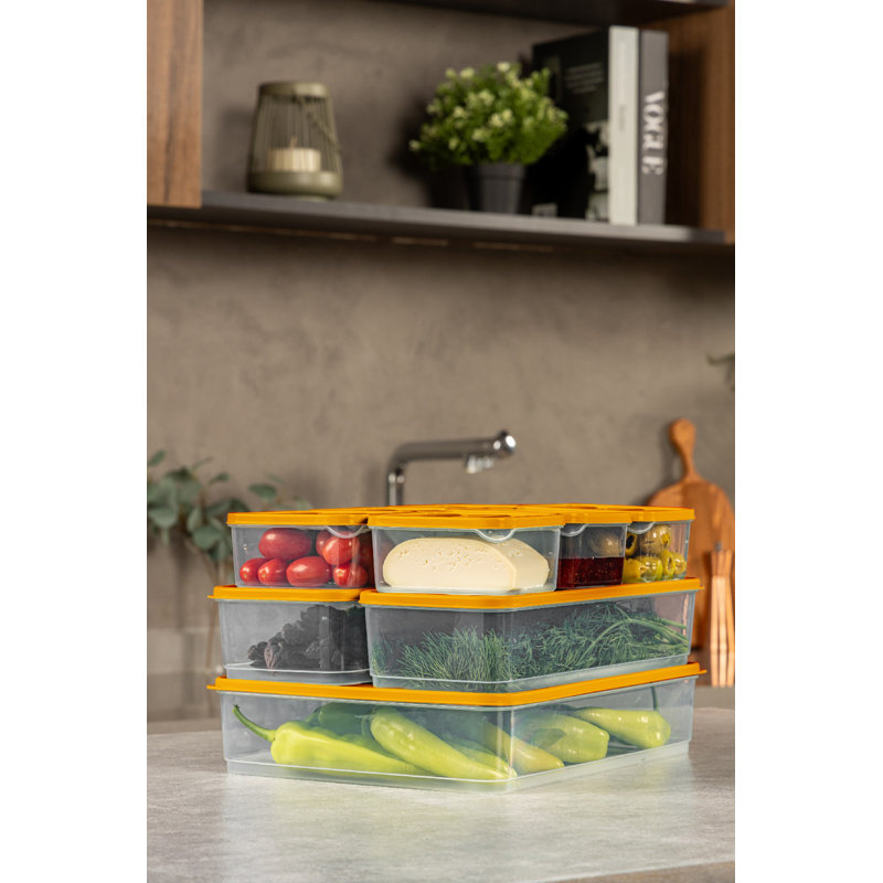 Ensemble de boîtes de rangement en plastique durable (7 pièces), orange, 4,3 x 11,8 x 2,8 pouces (2 pièces) et 9,1 x 11,6 x 2,6 pouces (5 pièces) | 100% lavable au lave-vaisselle, idéal pour organiser les fournitures de cuisine et de maison, conception peu encombrante