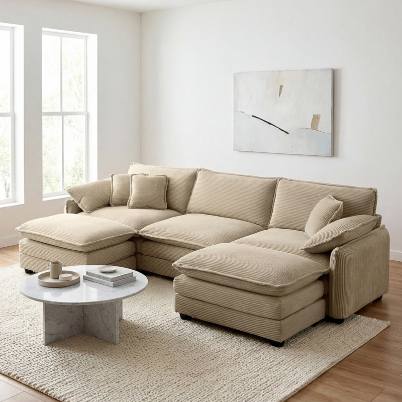 Kaoruko Oversized Modular Cushioned Sofa With Conversible Ottoman, 3-seater Sofa With 2 Footstools, Beige
