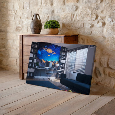 Toile Un bureau à domicile moderne avec un bureau élégant avec un ordinateur d'art mural entouré d'étagères élégantes remplies de livres et d'art mural sur toile