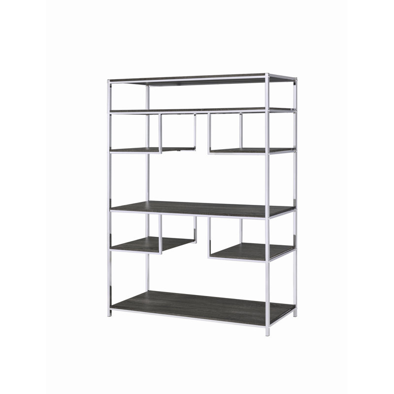 Gray Oak and Chrome Industrial Bookshelf with Open Shelves