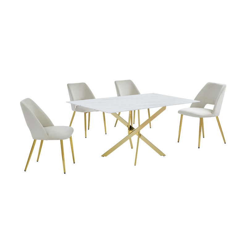 Ensemble de salle à manger en verre avec revêtement en marbre et chaises d'appoint rembourrées, Crème, crème