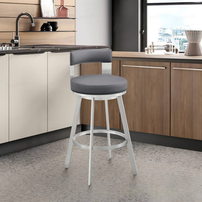 Tabouret de comptoir pivotant en métal argenté avec similicuir gris