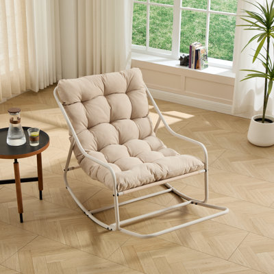Outdoor Rocking Chair, Comfy Cushion, with Soft Thick Cushion,for Living Room, Bedroom, Reading Room, Black Frame with White Cushion